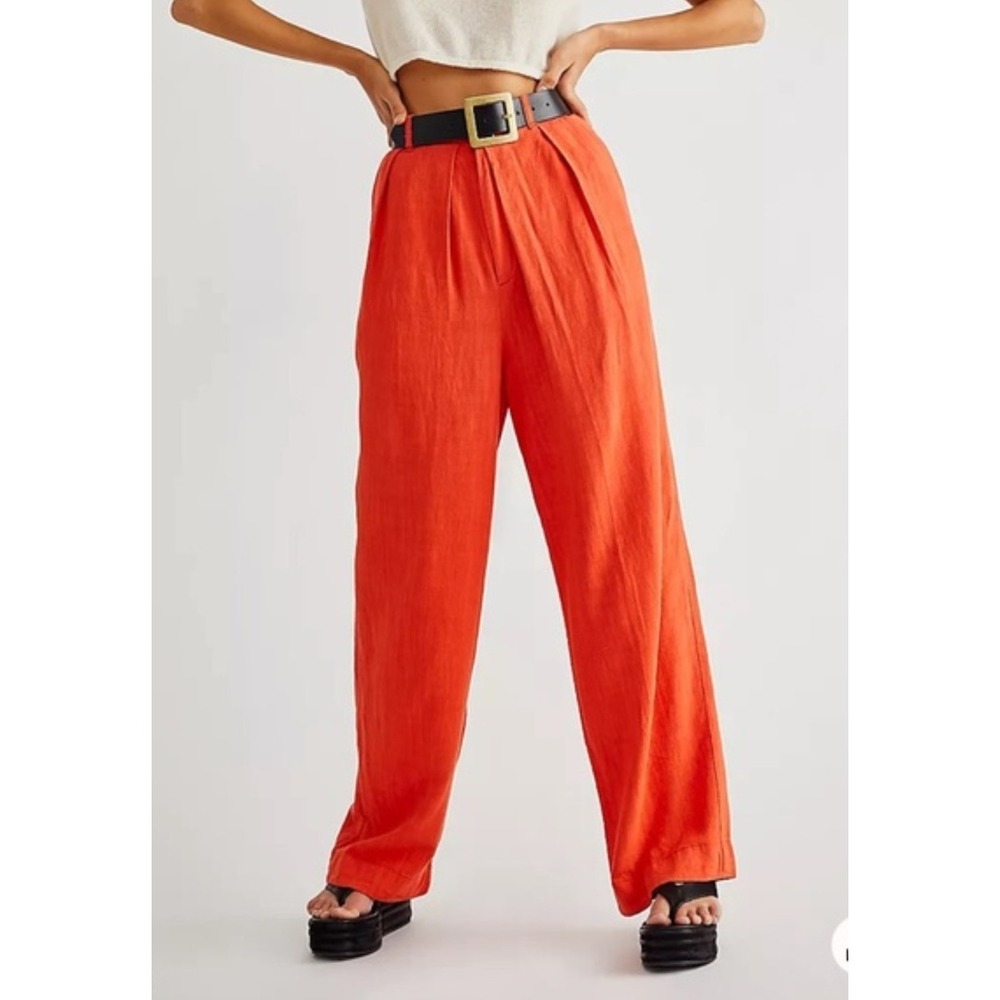 Free People‎ Free In You Pull On Trouser Pants Relaxed Linen Blend Orange Medium